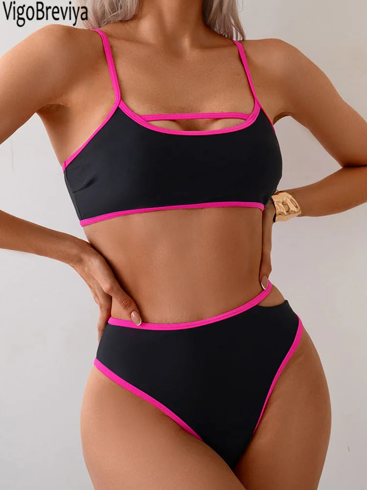Women's Contrast-Trim Cut-Out Bikini Set