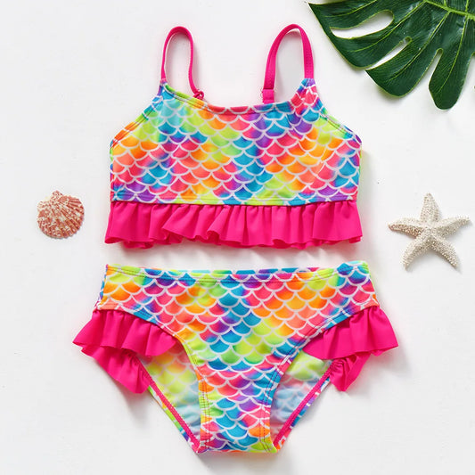 2-10Years New Fashion Kids Fish Scale Bikini Set Lovely Two Pieces Child Swimwear Cute Girl Flouncing Swimsuit Summer Beachwear
