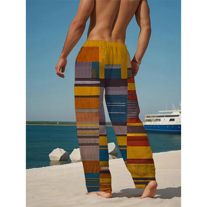 Men's Casual Summer Trousers Colorful Patchwork Print Drawstring Lightweight Elastic Waist With Pockets Relaxed Fit Pants