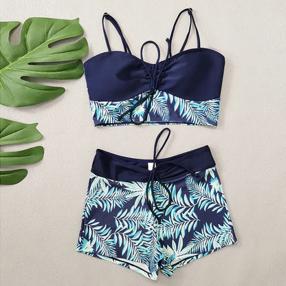 Women Summer Beach Drawstring Tropical Plant Printed Shorts Bikini Set, Random Print