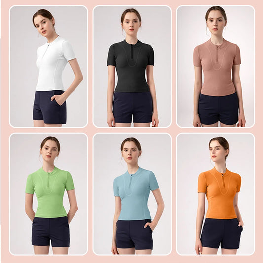 Aiithuug Women Slim Fit Gym Shirts Half Zip Workout Tops Quarter Zip Fitness Shirt Running Quicky Dry Short Sleeve Yoga Tops