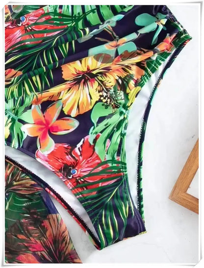 3 Piece Bikini Set Women Cover Up Swimwear Female Tropical Printed Swimsuit Push Up Beachwear Long Sleeve Bathing Suit