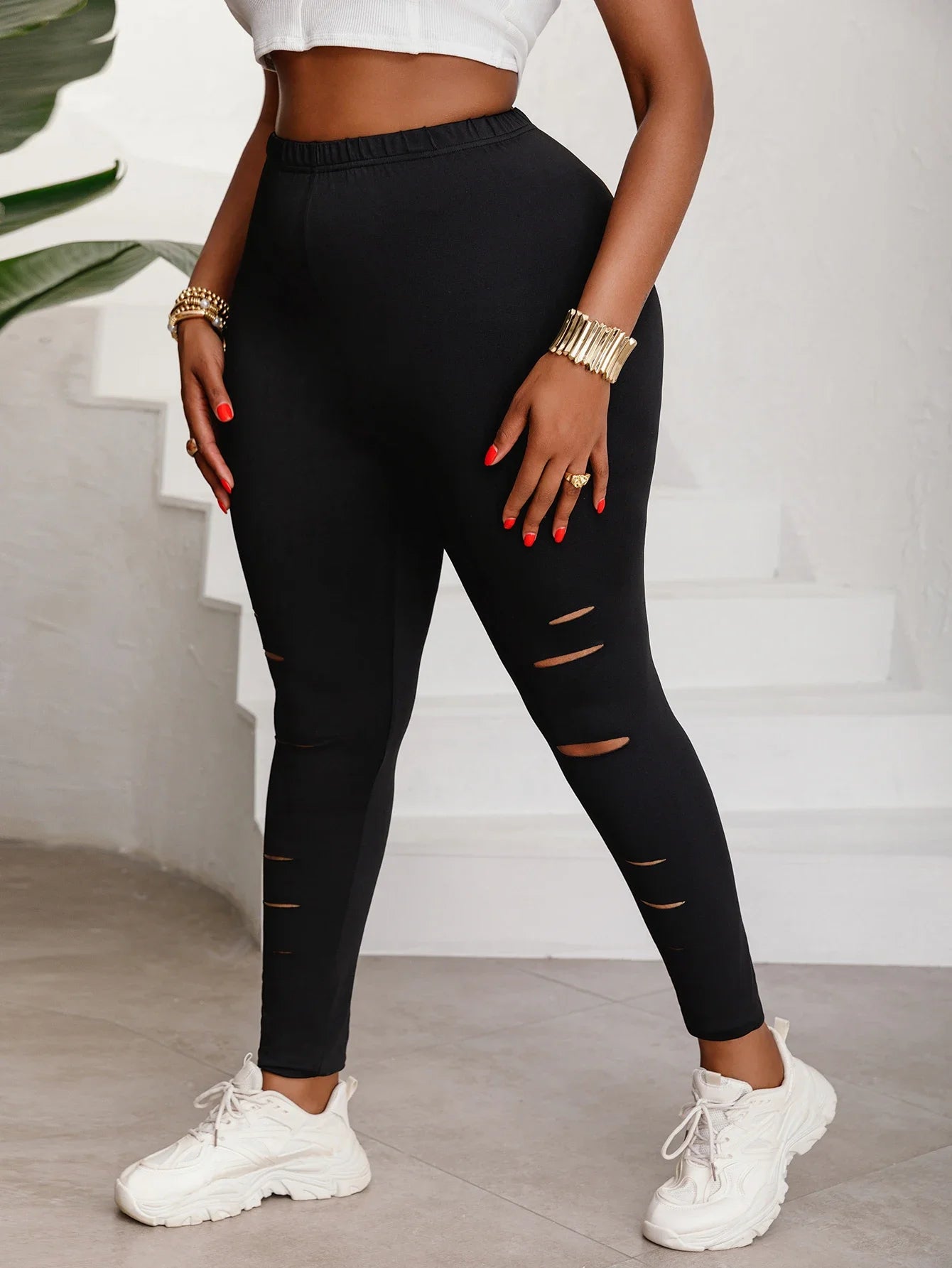 Plus Size Women's Leggings Trendy Faux Cut-Out Stripe Design Comfortable High-Elasticity Knit Pants Solid Color Base Trousers