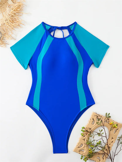 Patchwork Short Sleeve One Piece Swimsuit Swimwear for Women Hollow Out Bathing Suit Backless Monokini