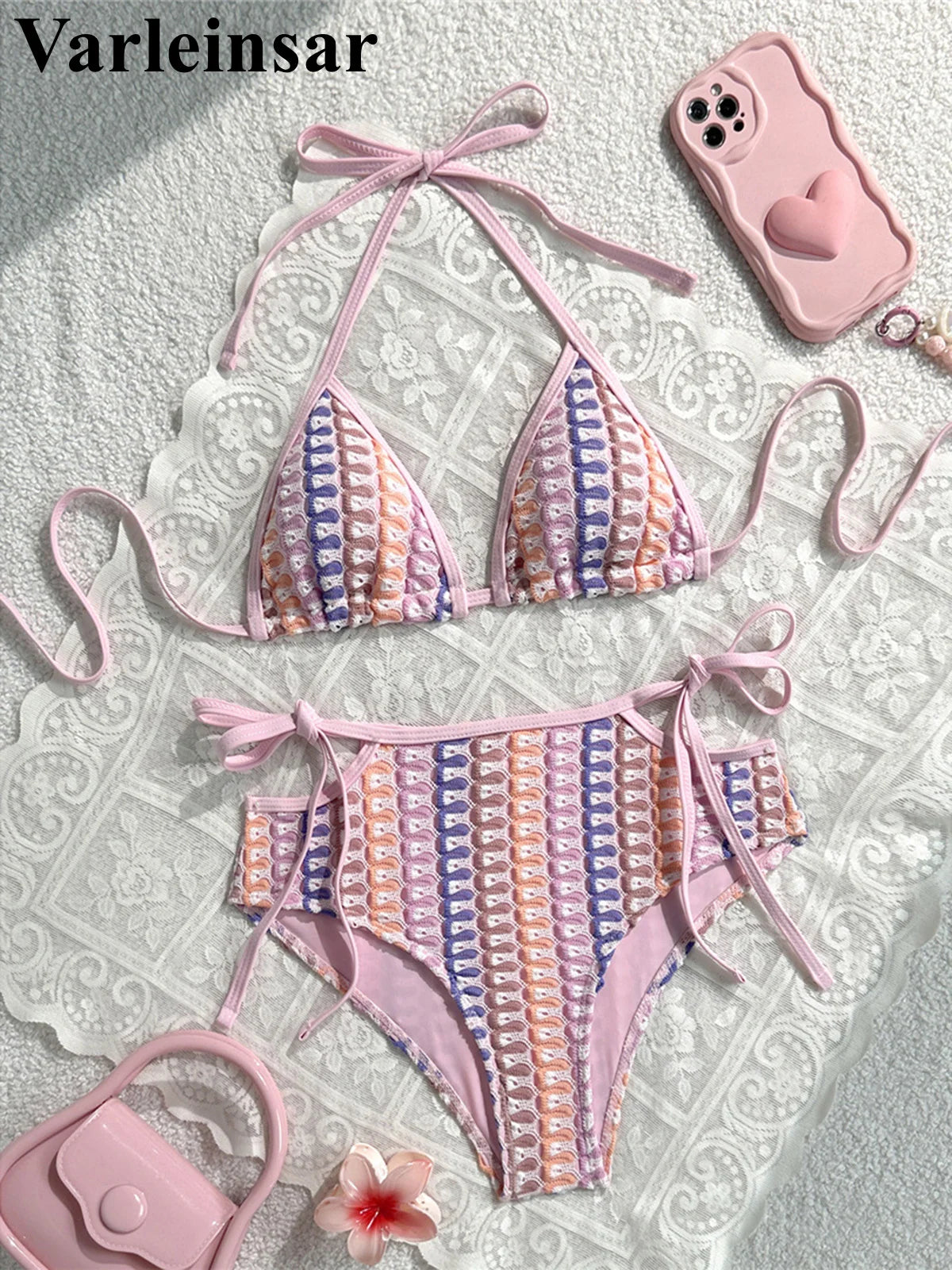 Colorful Cut Out Halter Bikini Female Swimsuit Women Swimwear Two-pieces Bikini set Mid Waist Bather Bathing Suit Swim