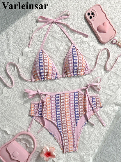 Colorful Cut Out Halter Bikini Female Swimsuit Women Swimwear Two-pieces Bikini set Mid Waist Bather Bathing Suit Swim