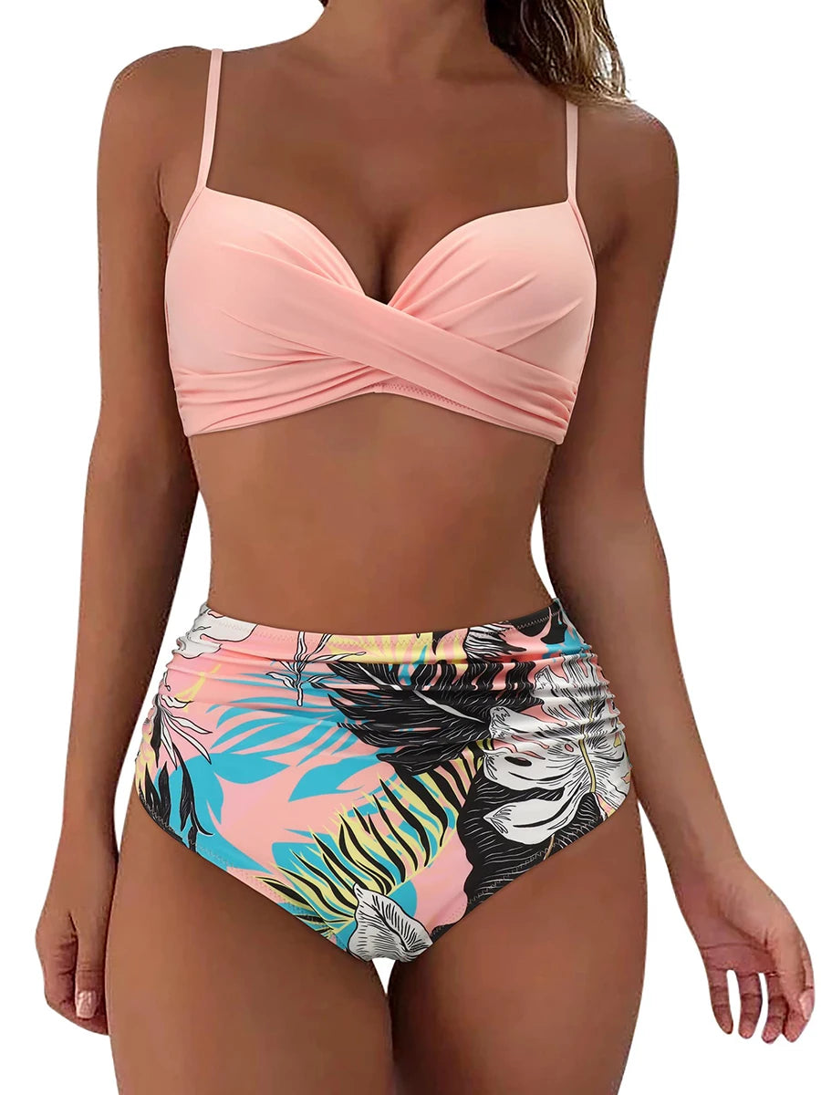 Cross Frill Bikinis Women Swimwear Print Sexy High Waist Swimsuit Female Beachwear Bathers Bathing Swimming Swim Suit
