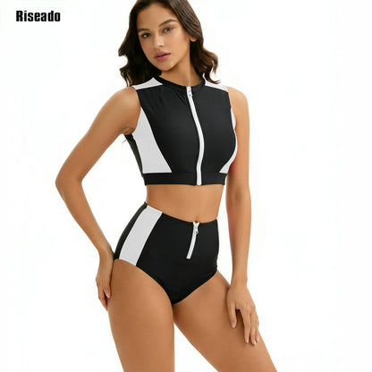 Female Two Pieces Crop Top Bikini Tankini Sets Color Block Zip Front Summer Push Up Swimsuit Bathing Suits High Waist Tankini