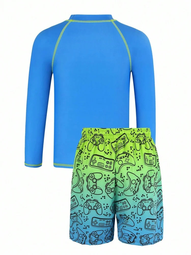 Boy Kids Swimsuit Solid Print Long Sleeves Children Swimwear Summer Two Piece Beach Shorts Beach Bathing Suit Swimming