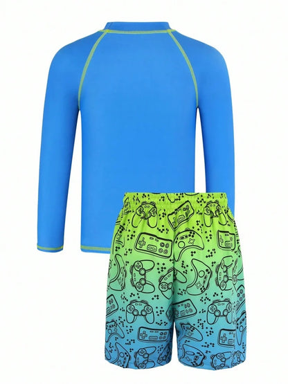 Boy Kids Swimsuit Solid Print Long Sleeves Children Swimwear Summer Two Piece Beach Shorts Beach Bathing Suit Swimming