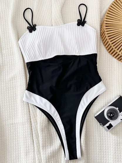Splicing Wrinkled Women Swimwear One Piece Swimsuit Female High Cut Monokini Black Contrast Bathing Suit Swim Beach Wear