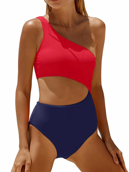 One Shoulder Solid One Piece Swimsuit Women Color Block Hollow Swimwear Female Bathers Bathing Swim Suit Padded Beachwear