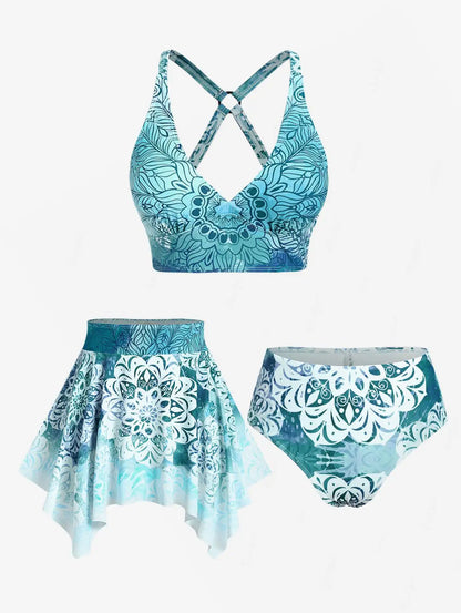 Plus Size Women's Three-Piece Padded Tankini Swimsuit Stripe Colo block Bikinis Set, Or Purple Ethnic Printed Swimwear
