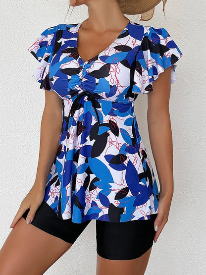 Drawstring Front Tankini Set Skirt Women High Waist Swimsuit Summer Beachwear Female Bathers Bathing Swimming Swim Suit