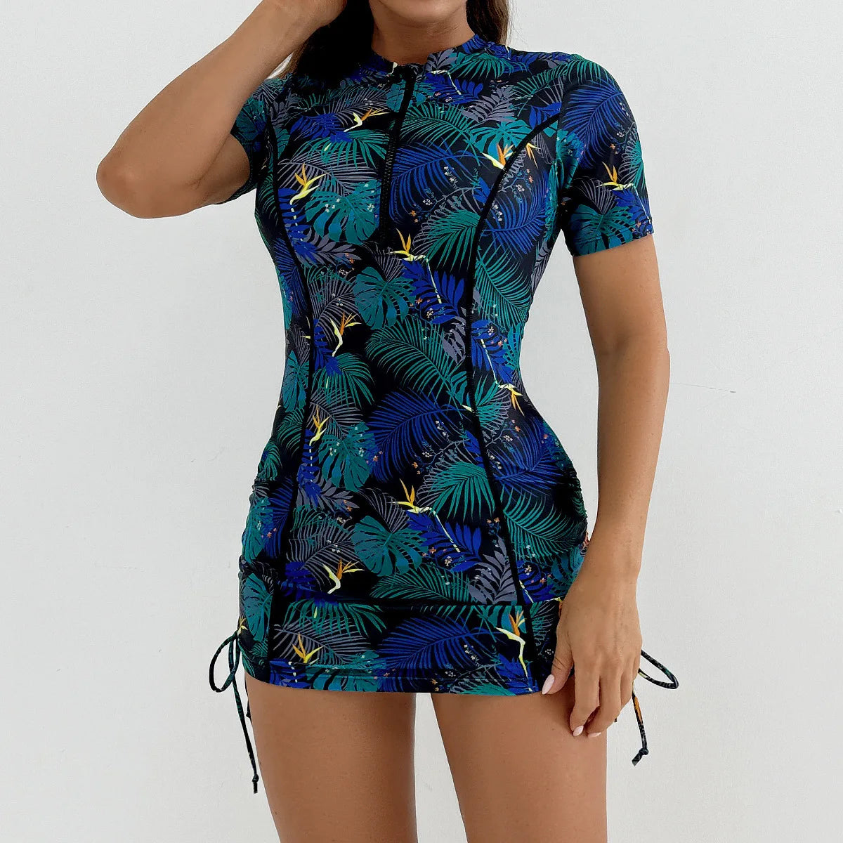Floral Women Swimsuits Sun Protection Female Short Sleeves Swimwear Surfing Sports Pool Beachwear Two-Piece Bathing Suits