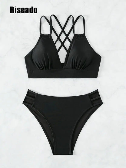 V-neck Mid Waist Bikini Sets Swimsuit for Women Tie Back Two Pieces Beachwear Bathing Suit 2 Pieces Swimwear
