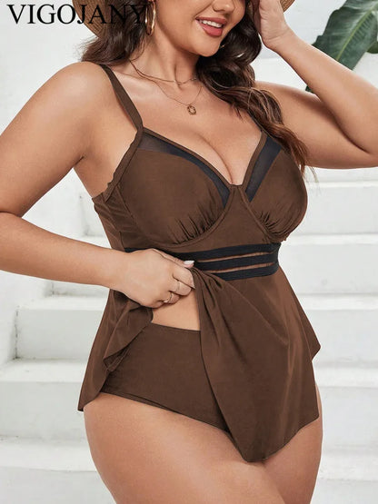 Solid Patchwork Plus Size Tankini Women Push Up High Waist Big 2 Piece Swimsuit Backless Beach Large Bathing Suit