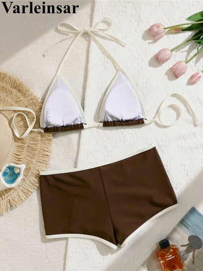 Splicing Halter Shorts Bikini Female Swimsuit Women Swimwear Two-pieces Bikini set Padded Bather Bathing Suit Swim
