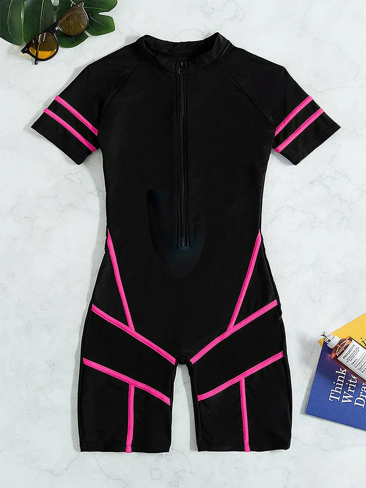 Solid Short Sleeve Swimwear Women Hollow Mesh Push Up One Piece Swimsuit Monokini Summer Beach Bathing Suit
