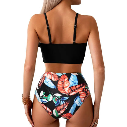Women Flower Printed Separated Bikini Set Fashion Bow Tie Style High Waist Swimwear Shorts Beach Wear