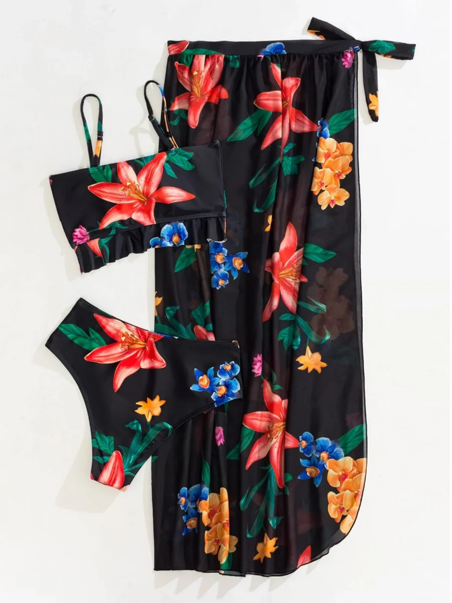 3 Pieces Floral Print Knot Front Bikinis Women Ruffle Swimwear Female High Waist Swimsuit With Beach Skirt Bathing Suit