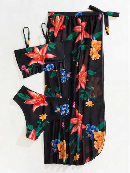 3 Pieces Floral Print Knot Front Bikinis Women Ruffle Swimwear Female High Waist Swimsuit With Beach Skirt Bathing Suit