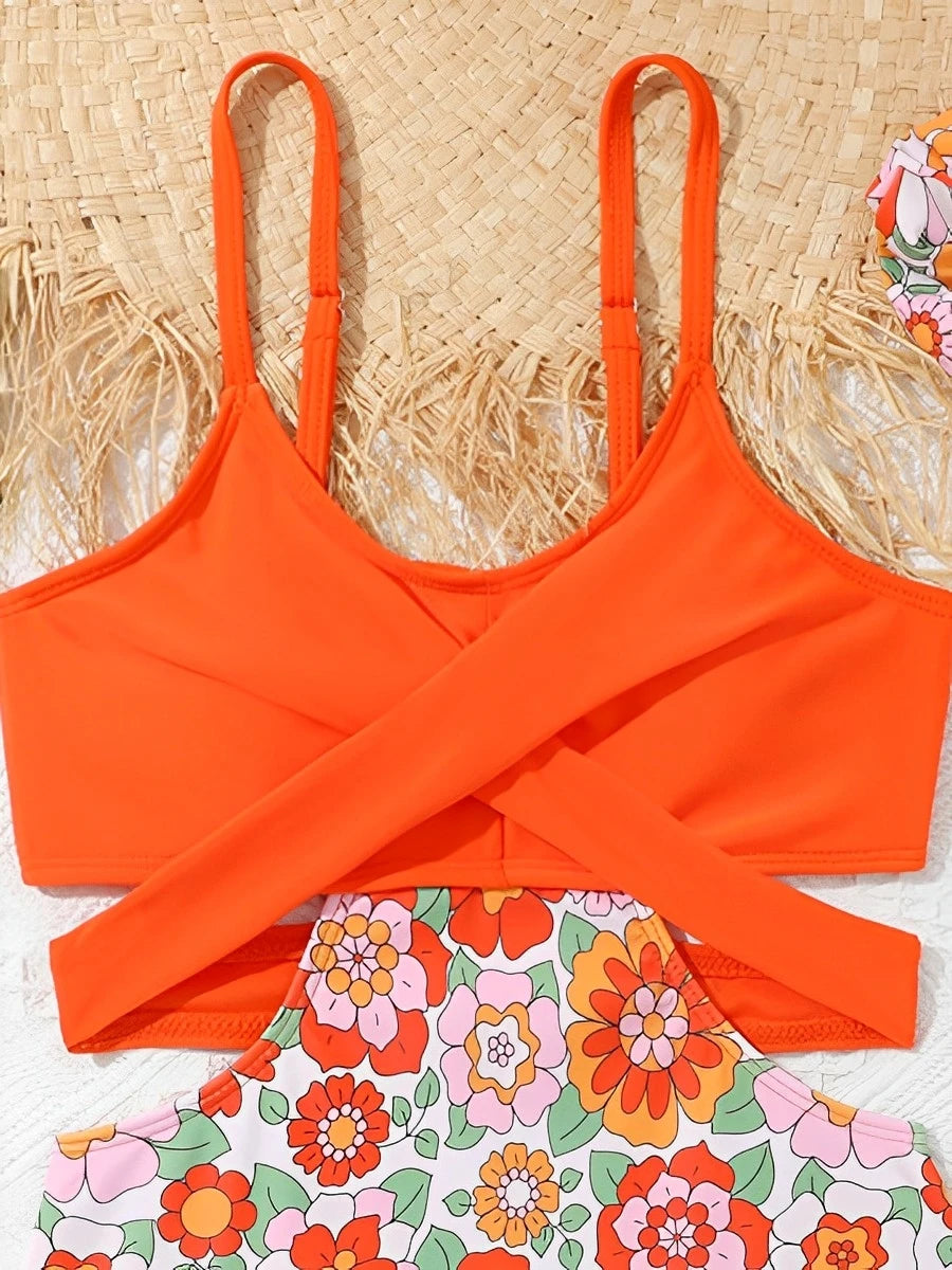 Flower Print Hollow Cross Girls Swimsuit One Piece Kids Swimwear Female Children's Bathers Bathing Swimming Swim Suit Beachwear