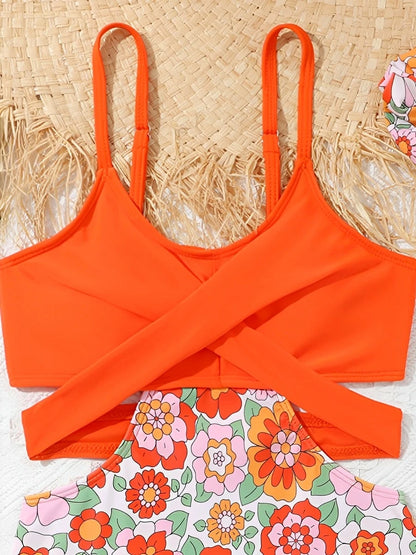 Flower Print Hollow Cross Girls Swimsuit One Piece Kids Swimwear Female Children's Bathers Bathing Swimming Swim Suit Beachwear
