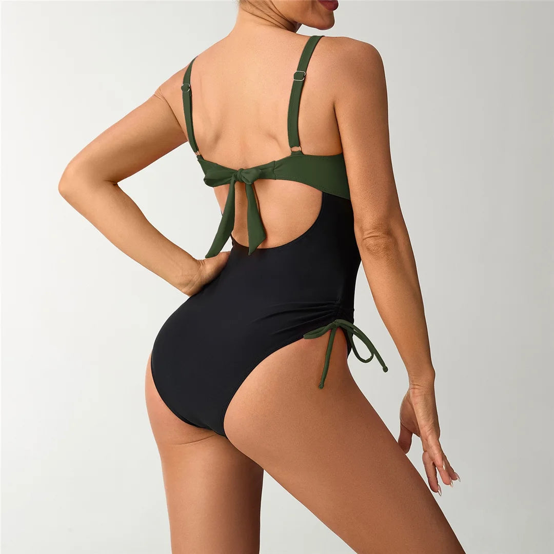 S - XXL Splicing V Neck Backless Women Swimwear One Piece Swimsuit Female High Leg Cut Padded Bather Bathing Suit Swim