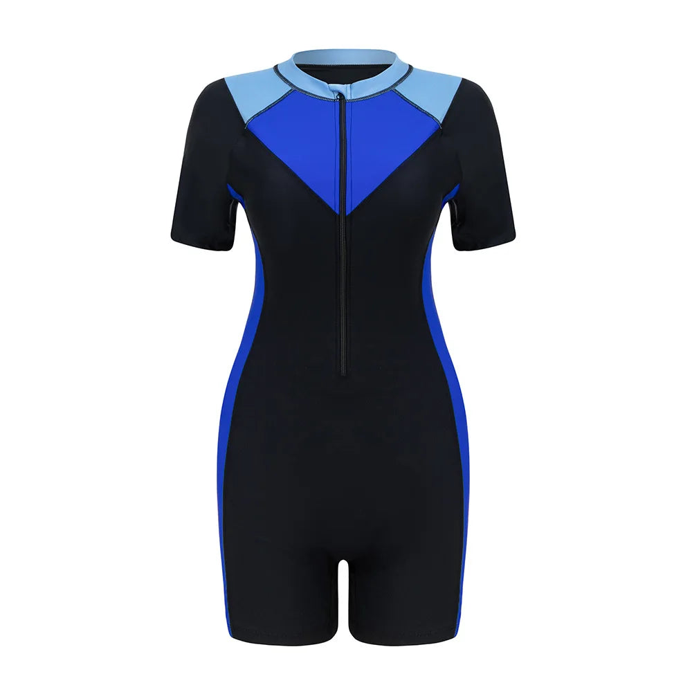 One-piece Swimsuit Zipper Sports Surf Suit Women's Short-sleeve Swimwear Female Beachwear Shorts Wetsuit