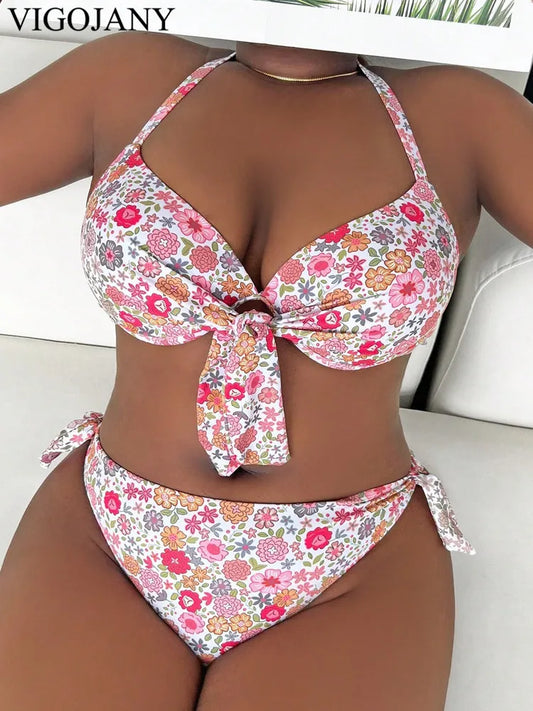 Halter Plus Size Bikini Set Women Push Up Hollow Swimsuit High Waist Backless Bathing Suit Summer Beachwear