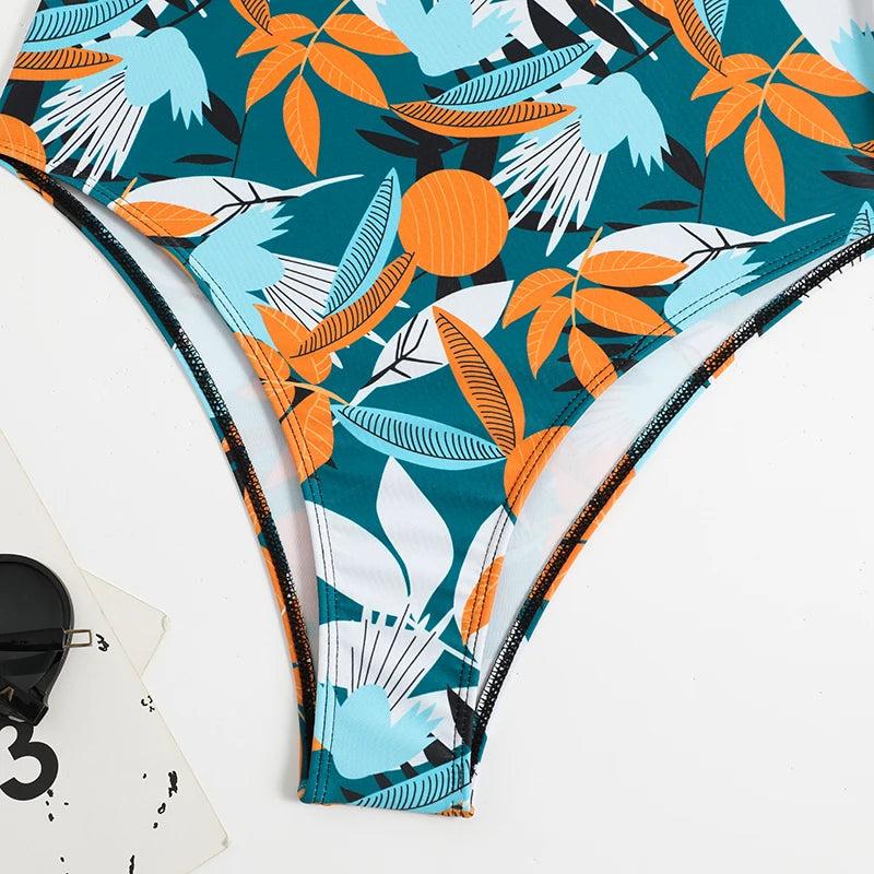 Tropical Print Swimsuit One Piece Knot Side Belted Swimwear Women Padded Bathing Suit Female Swimming Summer Beachwear