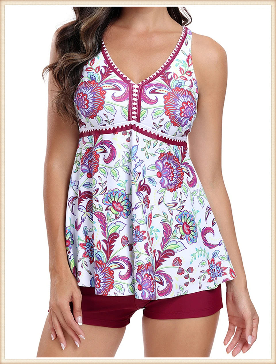 Two Piece Swimsuit Women V-Neck Print Tankini Set Female High Waist Swimwear Beachwear Bathers Bathing Swimming Suit Summer