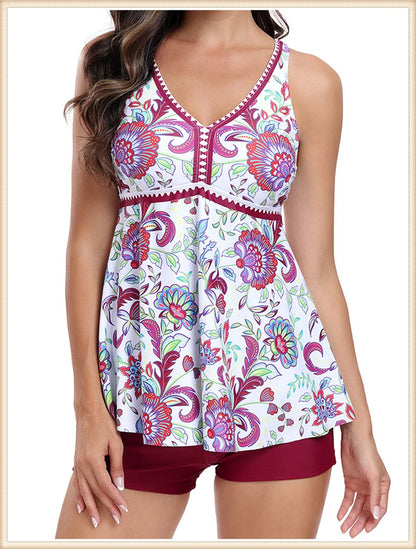 Two Piece Swimsuit Women V-Neck Print Tankini Set Female High Waist Swimwear Beachwear Bathers Bathing Swimming Suit Summer