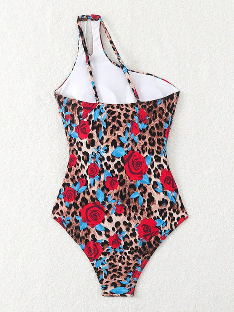 Hollow One-shoulder Swimwear Women Print Push UP One Piece Swimsuit Monokini Summer Beach Lady Bathing Suit