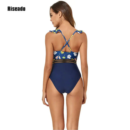 Riseado Ruffled One-Piece Swimsuit For Women Floral Sexy V-neck Backless Monokini Swimwear 2024 Mesh Bathing Suit Beachwear