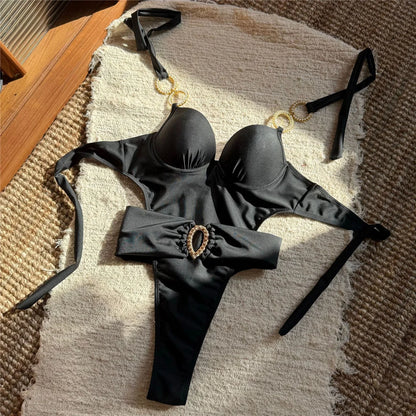 Halter With Belt Underwired Women Swimwear One Piece Swimsuit Female High Cut Leg Mini Thong Bather Bathing Suit Swim