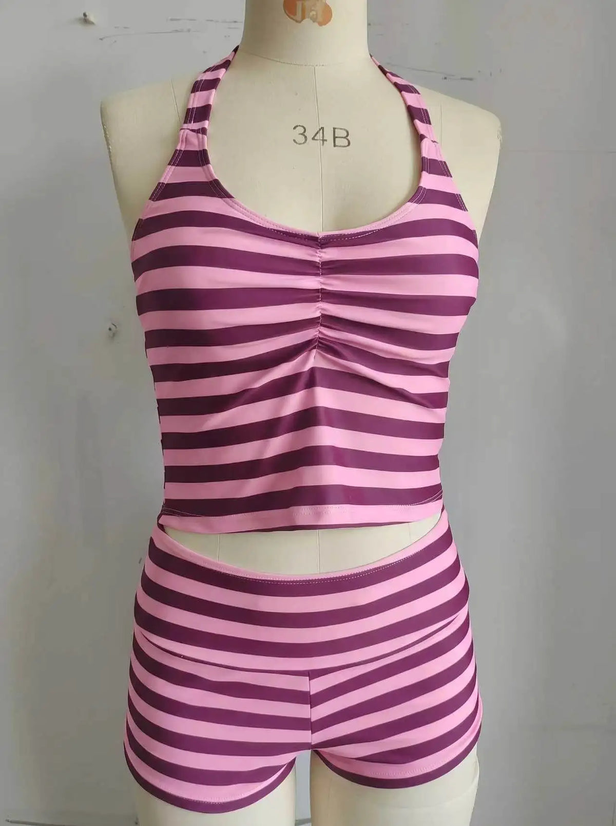 Striped Halter Tankini Set – 2-Piece Ruched Top & Boyshort Swimsuit