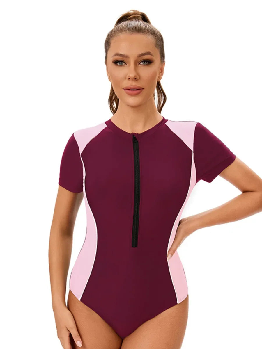 Surfing Suit Shorts Sleeve Sports Swimwear for Women Round Neck Zipper Conservative Patchwork One Piece Swimsuit 2025 Summer New