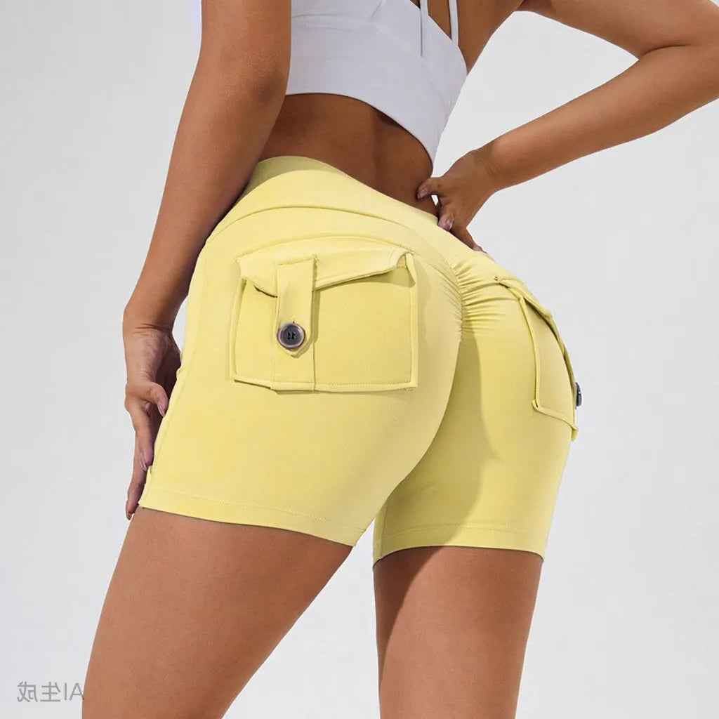 Scrunch Women Button Booty Pocket Sports Yoga Shorts Cycling Jogging Fitness High Waist Squat Proof Gym Active Leggings