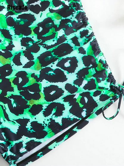 High Waisted Bikinis for Women High Neck Sporty Racerback Crop Top Swimsuit High Cut Two Piece Green Leopard Bathing Suit
