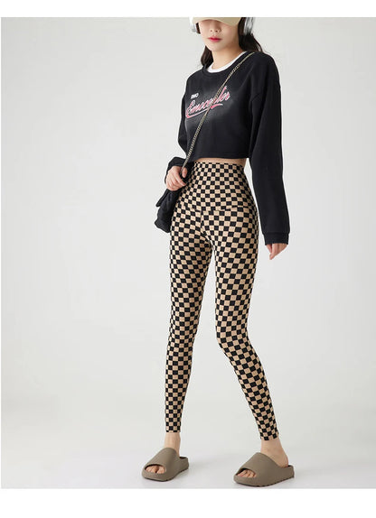 Checkerboard Plaid Shark Leggings Women High Waist Tight Slim Push Up Leggings Seamless Sports Fitness Leggings