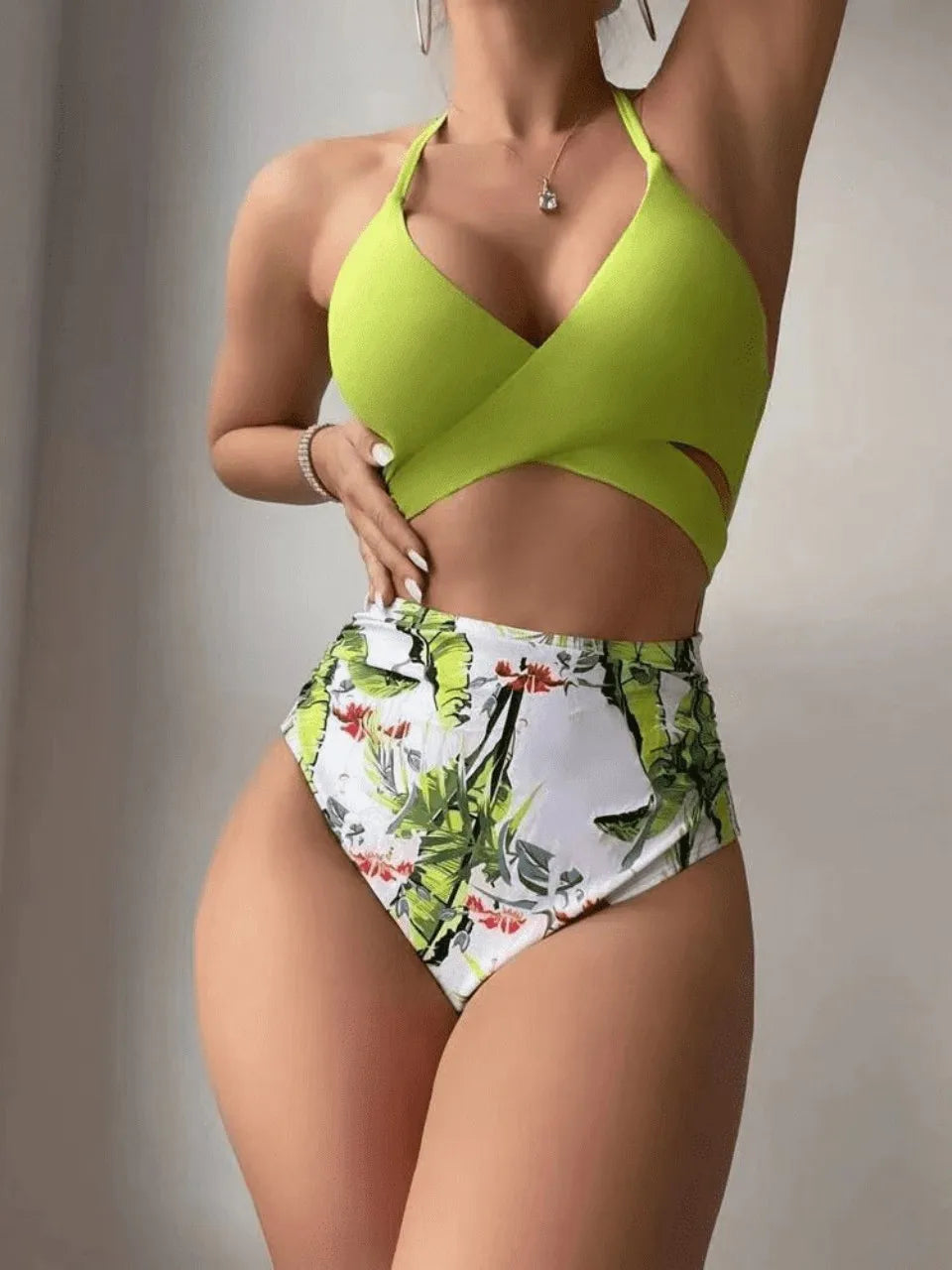 Halter Printed Swimwear Women One Piece Cross Front Swimsuit Female Bathers Bathing Swimming Suit High Cut Beachwear Summer