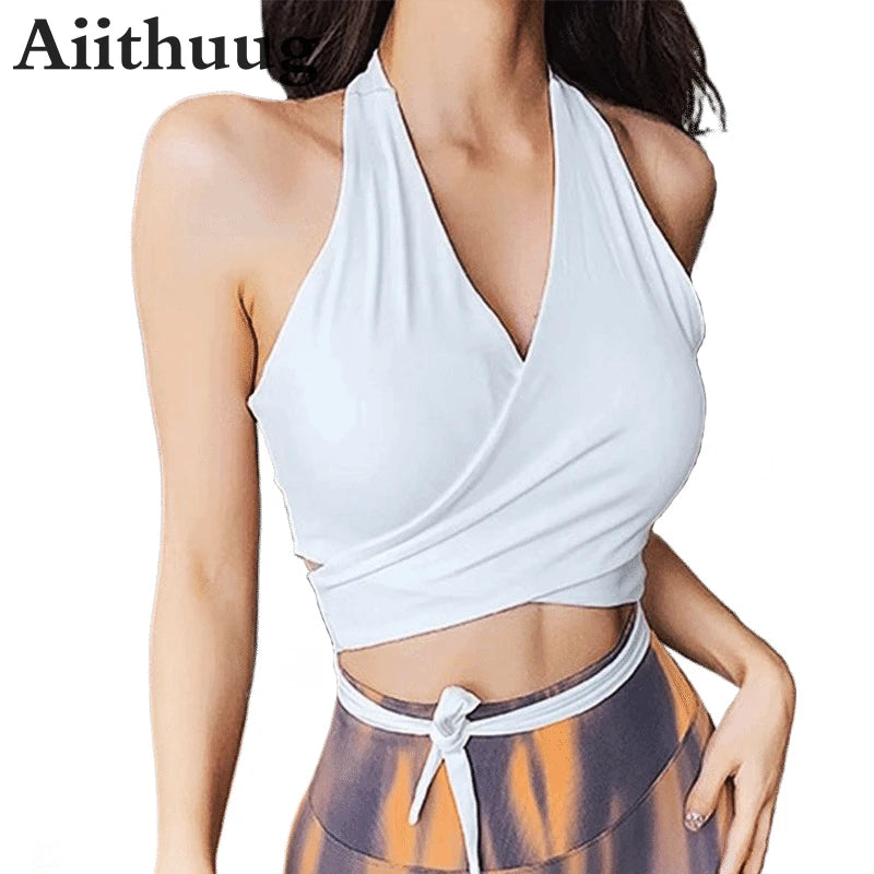 Deep V Neck Cross Tie Straps Yoga Crop Tops Back Removable Pad Fast Drying Tops Hanging Neck Gym Pilates Sportwear