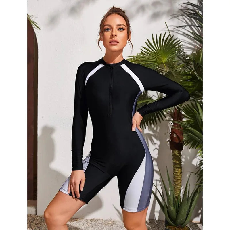 One Piece Swimsuit Women Floral Long Sleeve Swimwear Zipper Surfing Monokini Push Up Body Suit Beachwear Bathing Suit Rash Guard