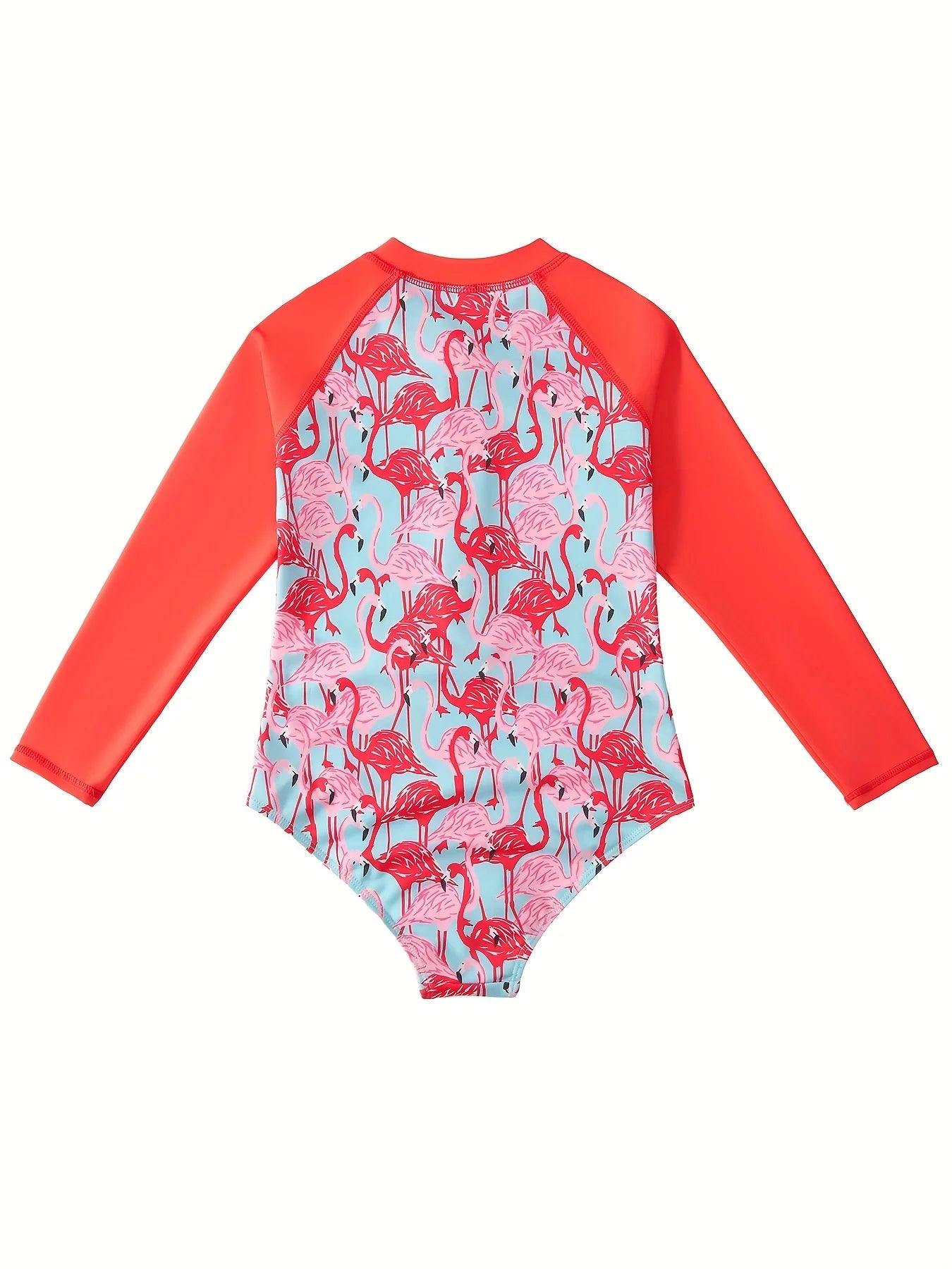 Bikini Cut Bottom Swimwear Kids Girl Orange Long Sleeve Swimming Suit Animal Flamingo Print Beach Teens Summer Swimsuit