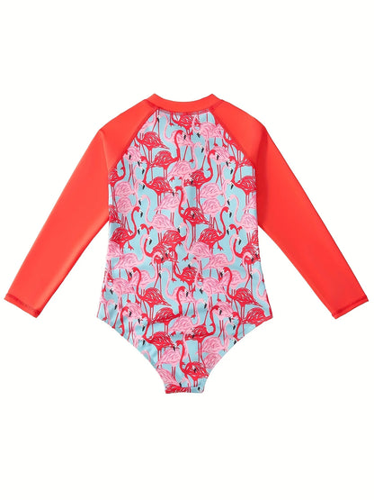 Bikini Cut Bottom Swimwear Kids Girl Orange Long Sleeve Swimming Suit Animal Flamingo Print Beach Teens Summer Swimsuit
