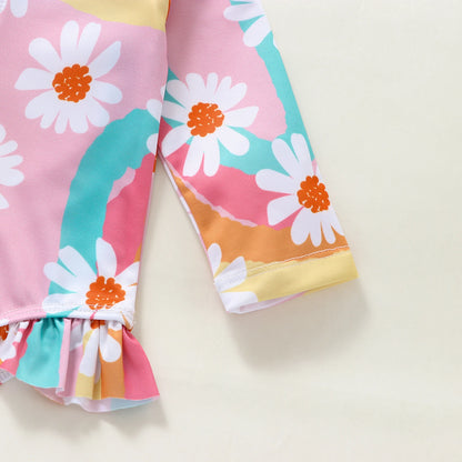 0-4Y Summer Kid Girl Romper Swimsuit 2pcs Long Sleeve Ruffles Flowers Printed Zipper Beach Swimwear + Hat