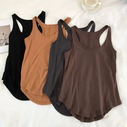 Irregular Tank Tops Summer O-neck Black Casual Sleeveless Tshirt Top Solid Color Loose Basic Camisole Female Fitness Sport Vest
