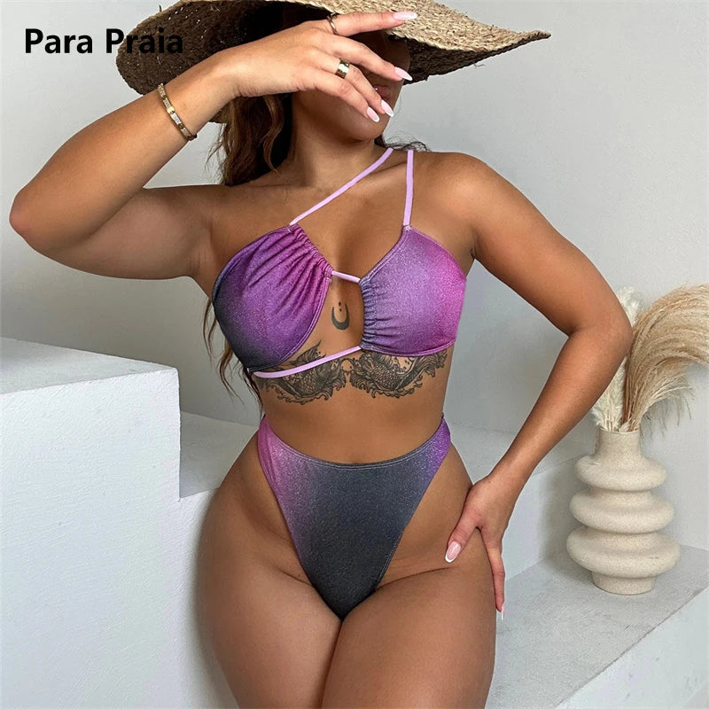 Gradient Print Halter Bikini Set High Waist Female Swimsuit One Shoulder Women Swimwear Two-pieces Bikini set